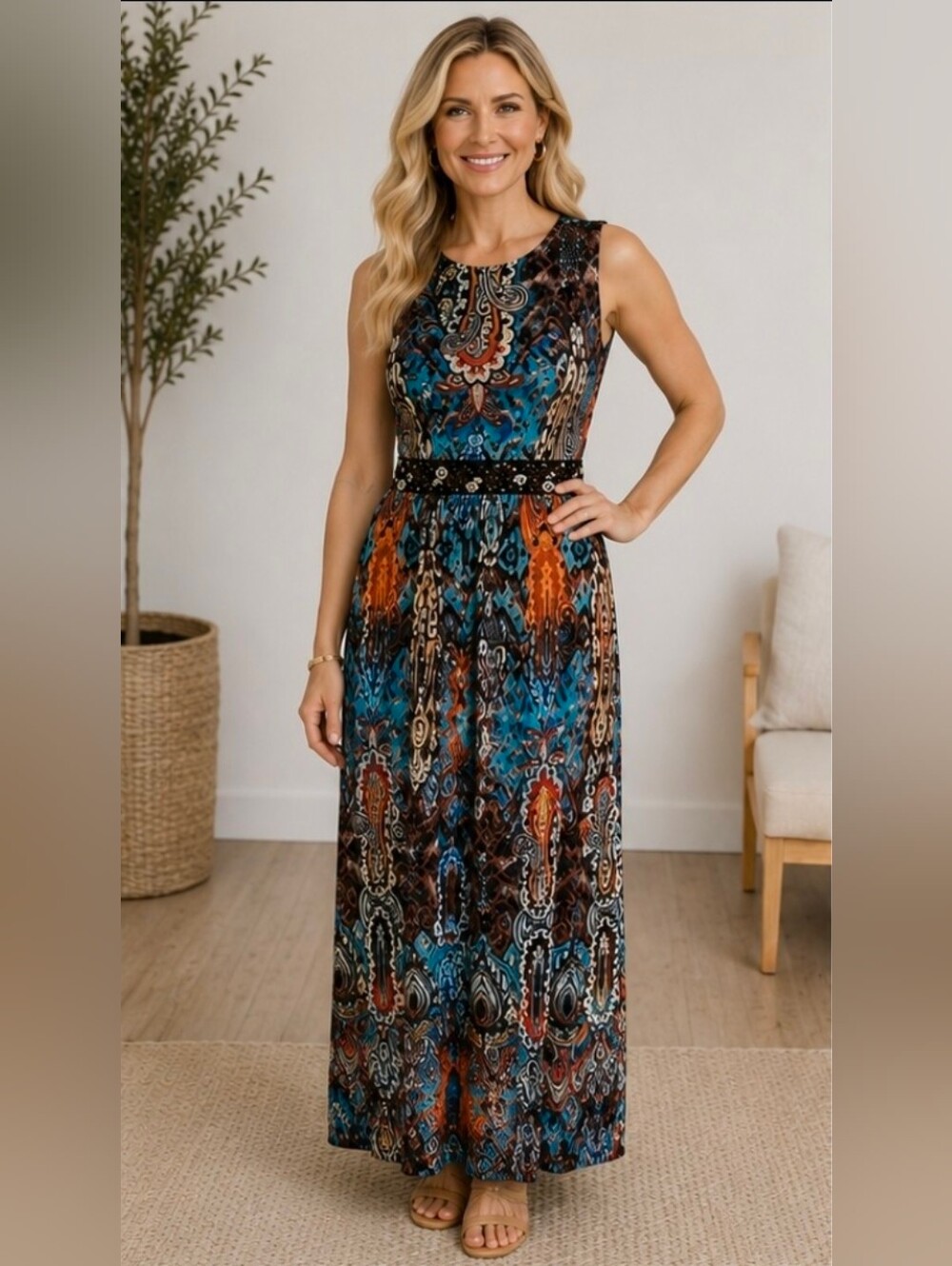 Maxi Dress Hand Beaded Waist, Peek-a-boo Button Back, Sleeveless, Boho New Sz Lg